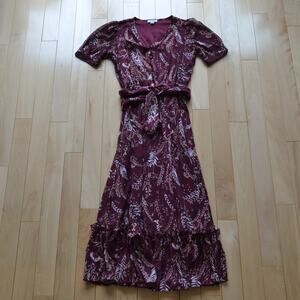 Calvin Klein Floral Maxi Dress Fit and Flare Burgundy With Tan & Cream Sz 4